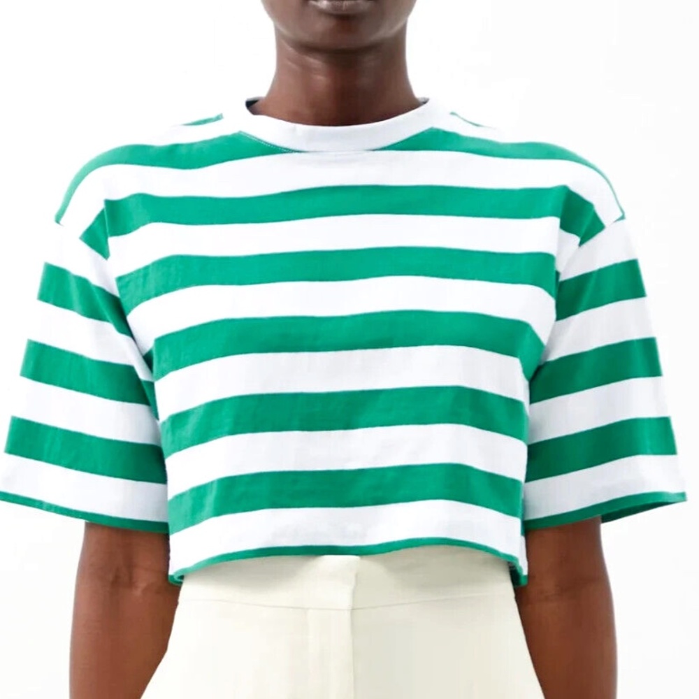 THE FRANKIE SHOP Karina Striped Cotton-jersey Cropped Top, Shamrock Green White
